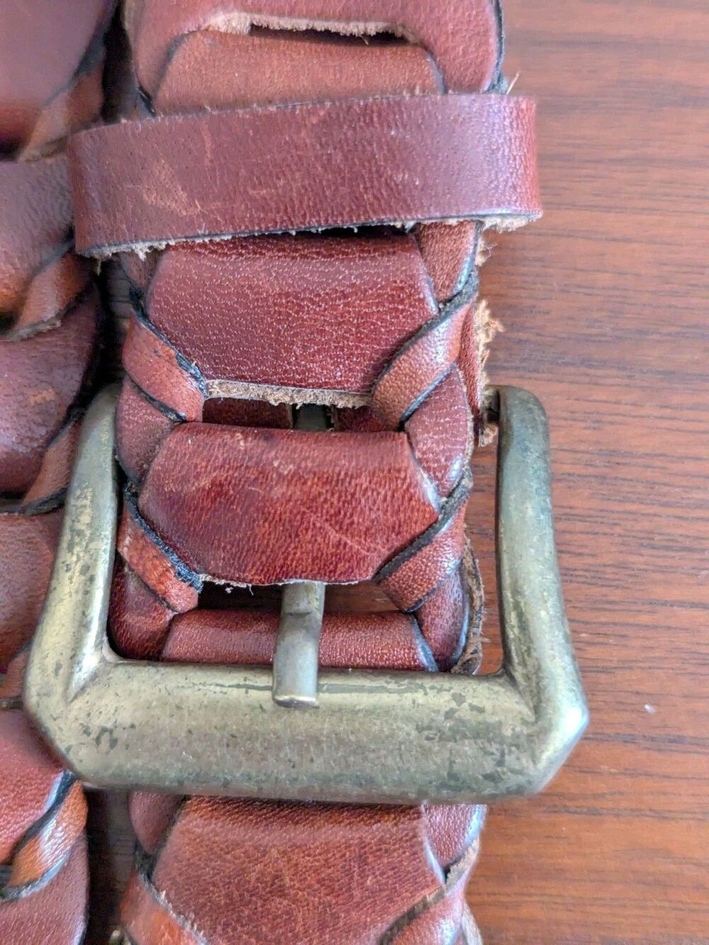 Vtg 90s Braided Ladder Box Woven Leather Belt Brown Brass Buckle Preppy Classic - Picture 5 of 10